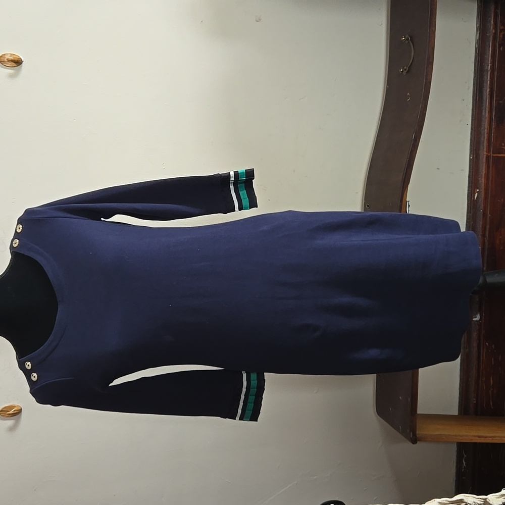 Talbots 3/4 Pleated Ribbon Sleeve Navy Green Pull Over Midi Sheath Dress XS